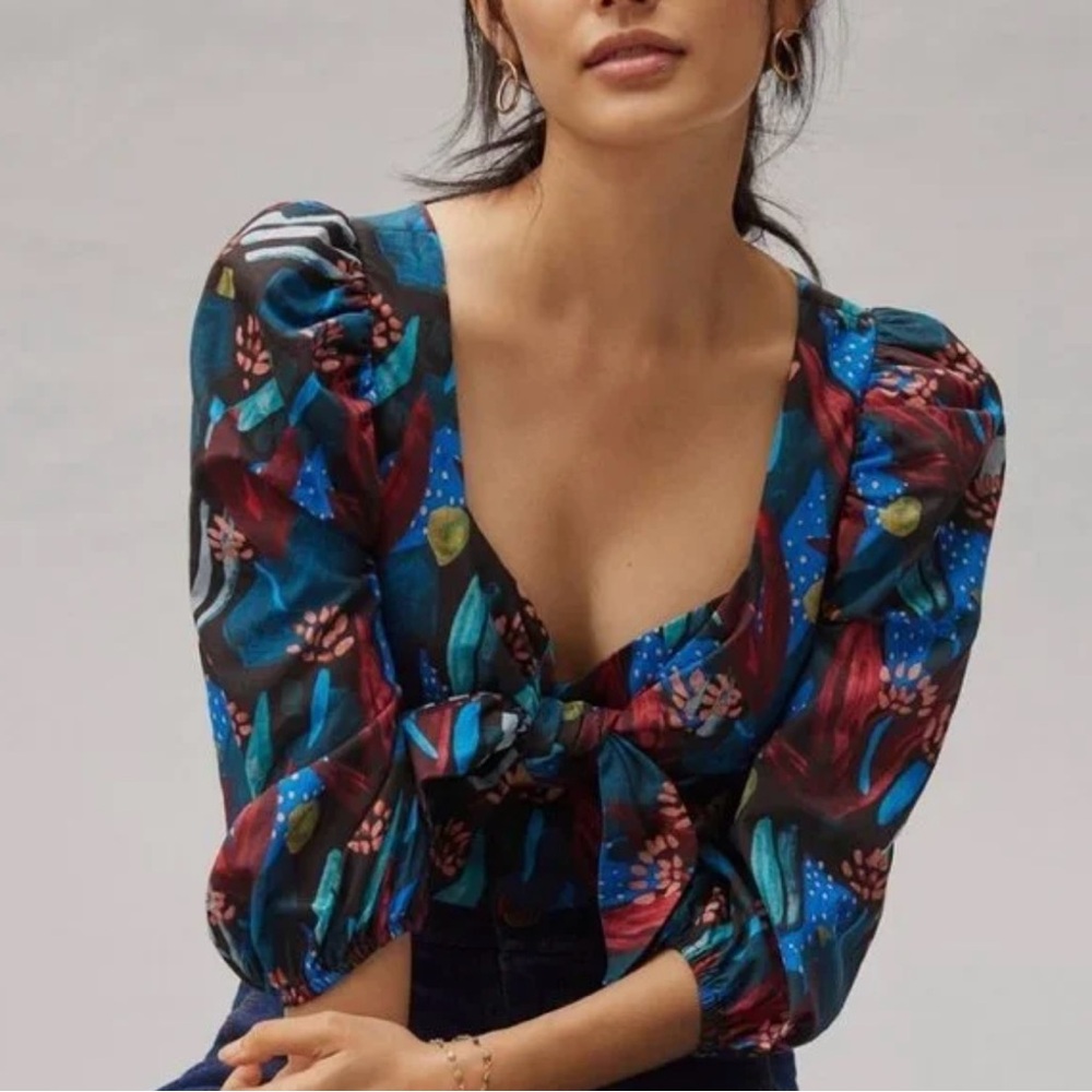 Anthropologie Eva Franco Tropical Sweetheart Neck Blouse Puff Sleeves size 12 - Picture 3 of 9